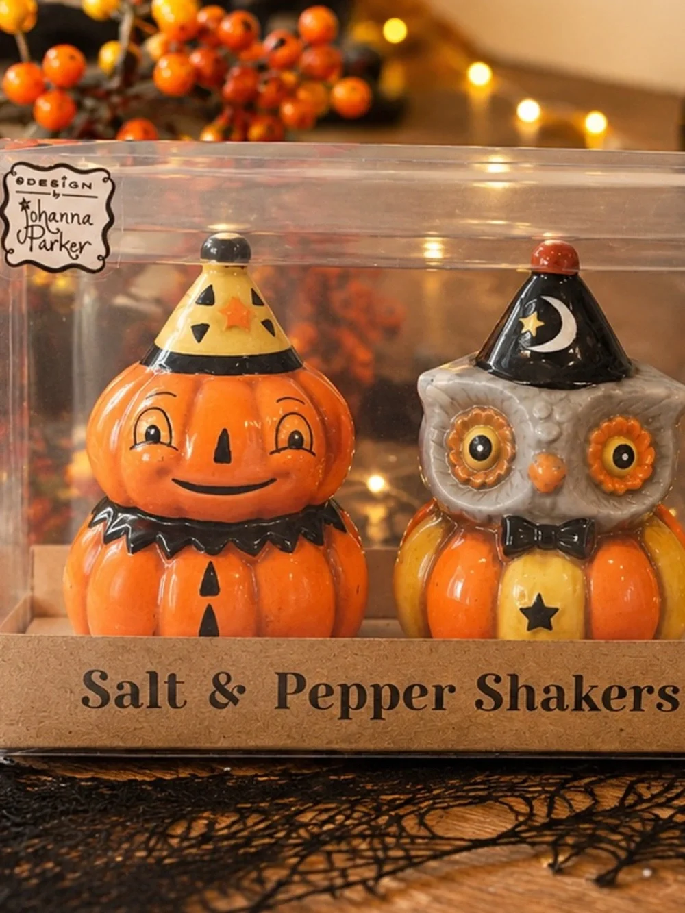 Johanna Parker Halloween Pumpkin & Owl Salt Pepper Shakers NIB Retro
